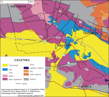 Szkic geologiczny okolic Chrzanowa (bez utworów młodszych od trzeciorzędu); zaznaczono następujące struktury uskokowe: 1 - uskok Żrebce - Libiąż, 2 - uskok Kąty - Byczyna, 3 - uskok Chechła, 4 - strefa uskokowa Trzebinia - Będzin.