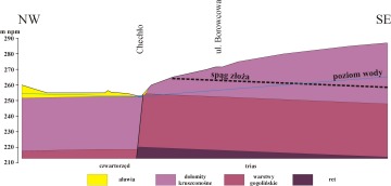 Schematyczny przekrój geologiczny przez dolinę Chechła w rejonie punktu (6) z przedstawieniem sytuacji złożowej i wodnej