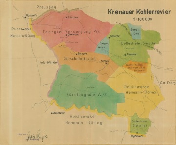 Mapa Chrzanowskiego Zagłębia Węglowego z podziałem uprawnień do eksploatacji (1944).