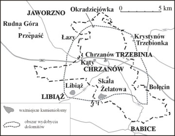 Rejon wydobycia dolomitów triasowych w okolicach Chrzanowa.