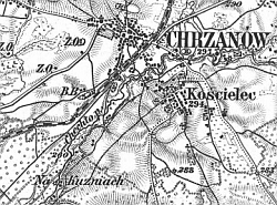 Wycinek mapy topograficznej z czasów Stanisława Zaręcznego;  oznaczona lokalizacja gorzelni oraz cegielni.