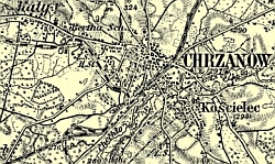 Wycinek mapy topograficznej z czasów Stanisława Zaręcznego; oznaczona lokalizacja gorzelni oraz cegielni